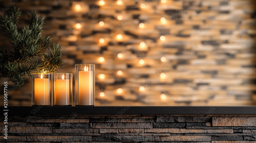 Fototapeta premium Three glowing candles in glass holders on stone shelf with pine branch, warm bokeh lights and textured wall create cozy ambiance