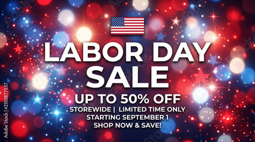 Labor Day Sale banner with red blue bokeh lights.