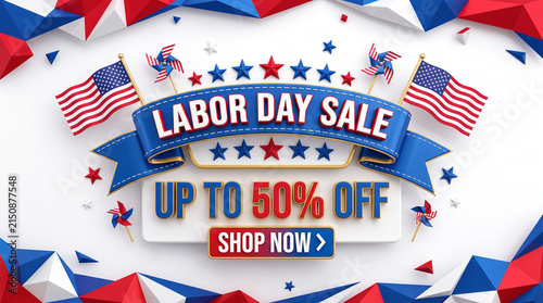 Labor Day sale banner with flags and geometric patterns.