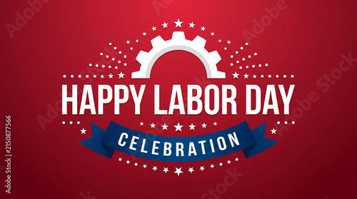 Happy Labor Day celebration with gear and stars on red background.