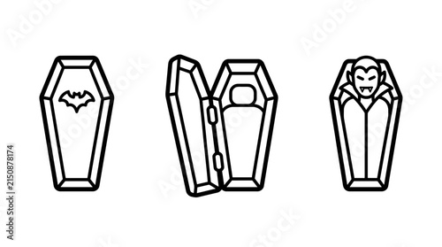 Vector line art icon set displaying a coffin with a bat symbol an open empty coffin a coffin containing a vampire character halloween character illustration monochrome mysterious tradition