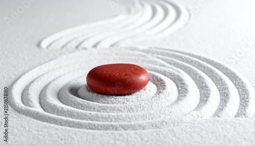 Zen Garden with Single Red Stone and Raked White Sand Texture