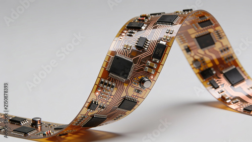 High-resolution professional stock photo of flexible printed circuit board FPCB with microchips and copper traces on neutral background.