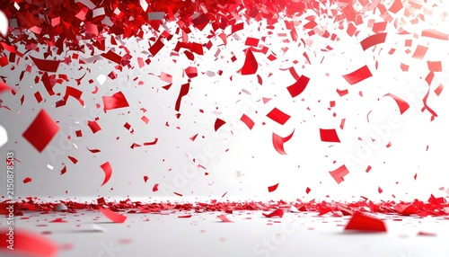 Abstract red and white confetti falling on a white background