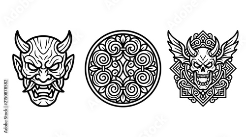 Set of three mythological symbols including oni mask and decorative emblem line art with mythology esoteric ornament japanese folklore supernatural geometric mystical monochrome isolated