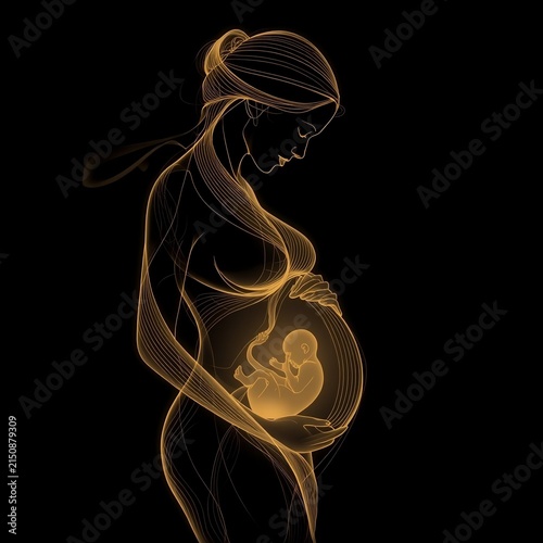 Pregnant woman with abstract background/ Guardian of New Life – Elegant Angelic Motherhood Concept on Black/ pregnant mom illustration 