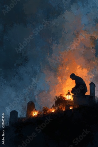 Silhouette of a person lighting a candle at a grave