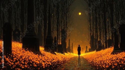 Silhouette Walking Through Marigold Lined Cemetery Path at Night