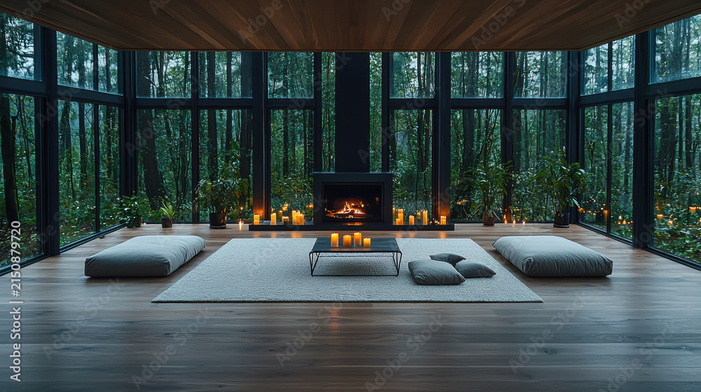 Fototapeta premium Modern minimalist living room with floor to ceiling windows, forest view, fireplace, candles, neutral tones, cozy atmosphere, green plants