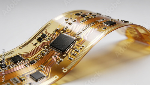 High-resolution professional stock photo of flexible printed circuit board FPCB with microchips and copper traces on neutral background.