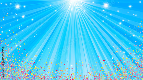 Plakat 青空に降り注ぐ光と紙吹雪 お祝いを彩る華やかな背景イラスト