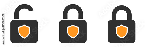Padlock icons with shield in various states unlocked, locked, and ready for security concept