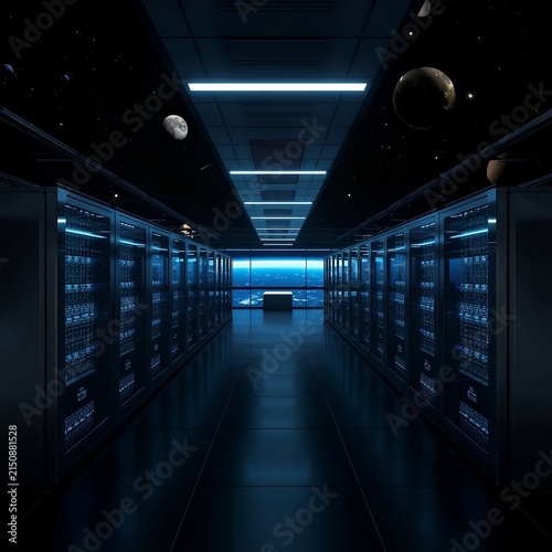 Futuristic Data Center Server Rack Floating in Outer Space Above Earth