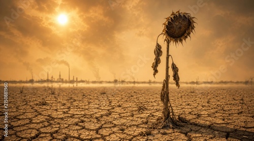 Withered sunflower in a desolate dry cracked landscape with industrial pollution.