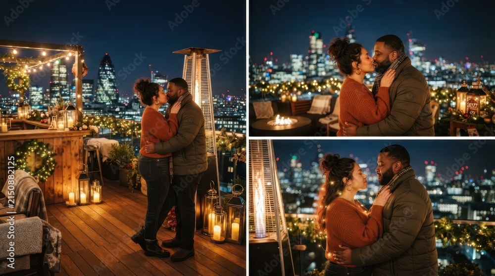 Fototapeta premium Romantic couple embracing on a city rooftop at night with festive lights