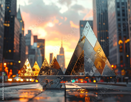 Abstract geometric sculpture in city street symbolizing balance and instability