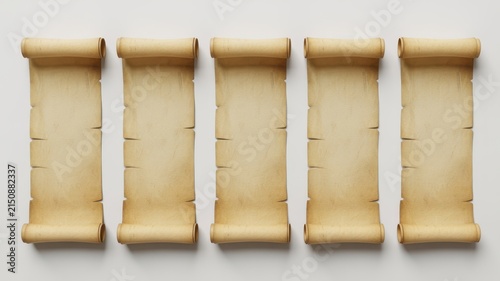 Five ancient rolled parchment scrolls isolated on white background