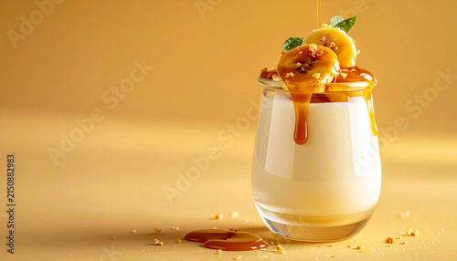 Caramelized banana yogurt dessert with golden caramel topping