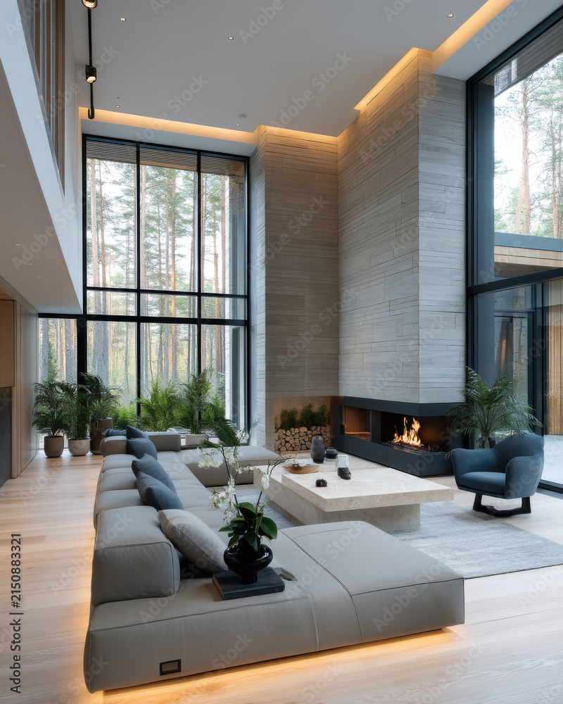 Fototapeta premium Modern double height living room with large windows, gray sectional sofa, fireplace, indoor plants, wood floor, cozy atmosphere