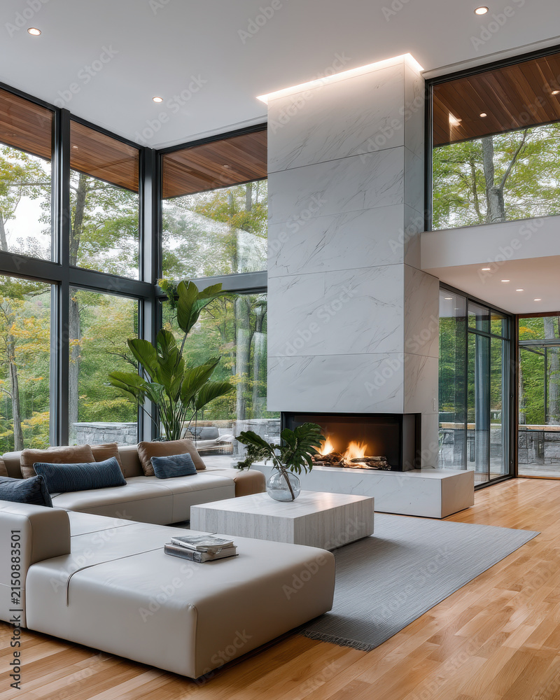 Fototapeta premium Modern living room double height large window marble fireplace beige sofa wood floor indoor plant minimalist decor cozy atmosphere
