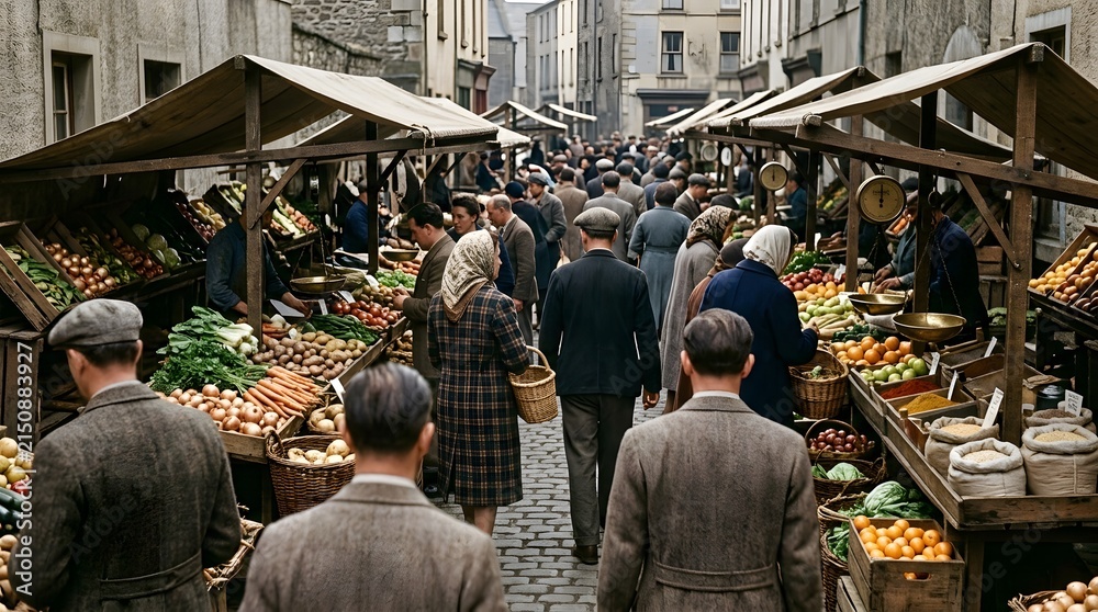 Obraz premium Bustling outdoor market scene with shoppers and vendors selling fresh produce in a narrow street.