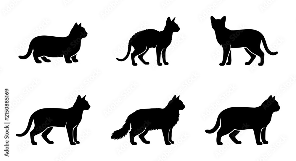 Obraz premium Six Silhouette Cat Poses Vector Set, Black Feline Animal Icons, Domestic Pet Graphic Elements for Design