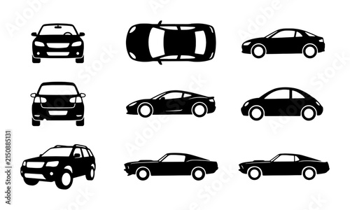 Diverse Car Icons Collection, Vector Silhouettes of Automobiles from Front, Side, and Top Views, Modern Vehicle Graphics for Automotive Design and Transportation Concepts