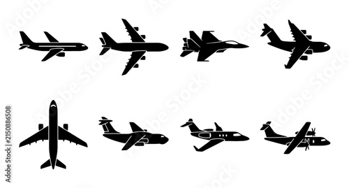 Diverse Aircraft Silhouettes Collection, Commercial Jets and Fighter Planes Vector Icons, Aviation and Travel Graphics