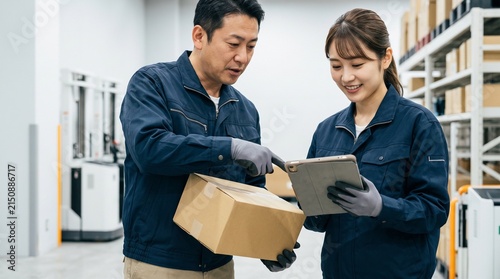 物流倉庫でタブレットを使用し倉庫作業のOJT指導を行う日本人男女の物流作業員