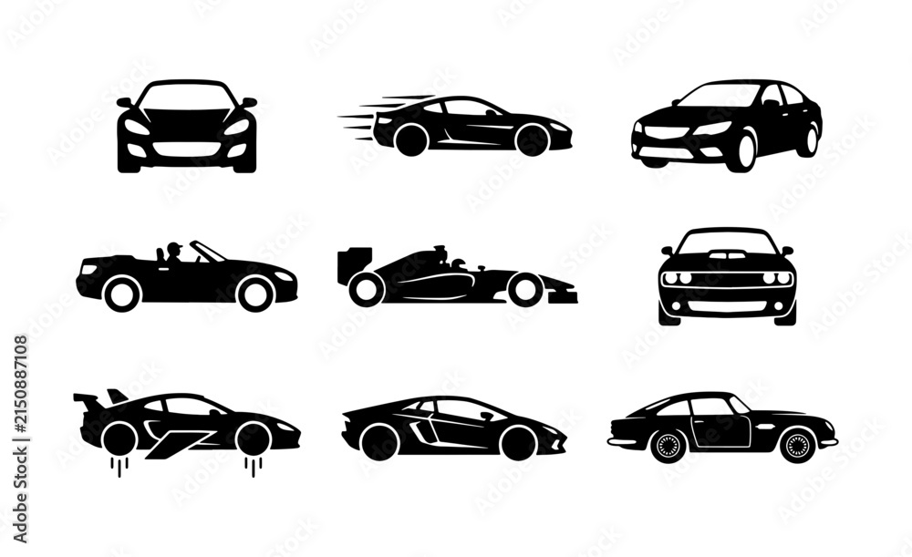 Naklejka premium Diverse Sports Car Collection, Sleek Automotive Icons, Modern Vehicle Silhouettes, Vector Set for Transportation and Speed Graphics