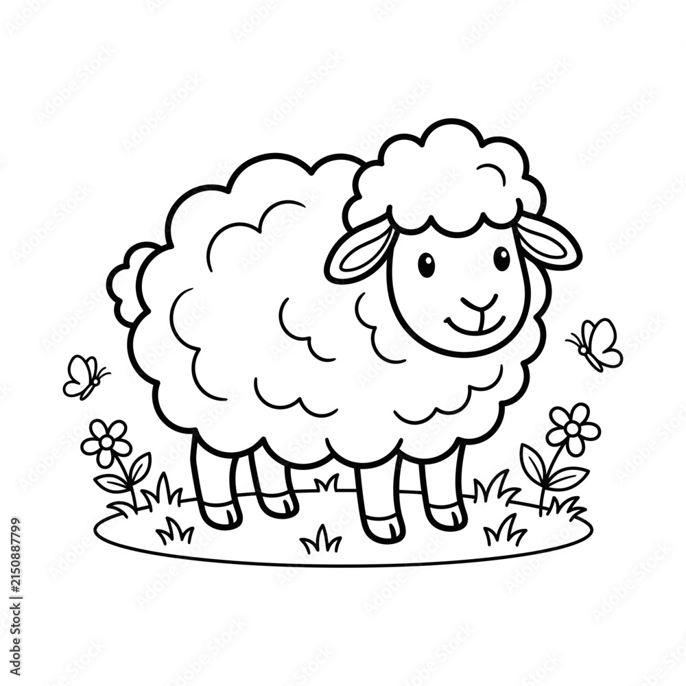 Obraz premium A cute cartoon sheep standing in a meadow with flowers and butterflies in a simple black and white outline