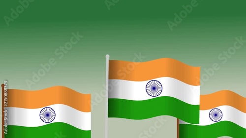 Three waving india national flags with orange white and green stripes and a blue wheel symbol on a simple green background for independence day celebration