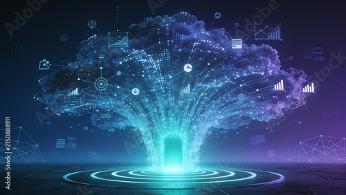 High-resolution professional stock photo of central technological data portal emitting a powerful upward flow of binary code streams and digital icons against a dark background.