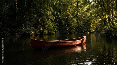 Red wooden canoe floating on a calm jungle river