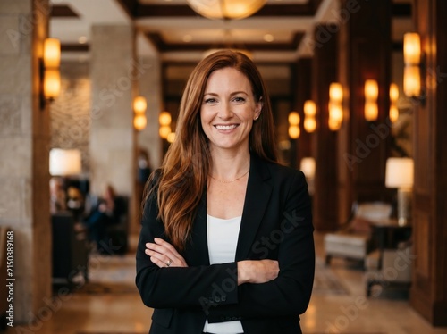 Confident professional woman smiling in a modern hotel lobby