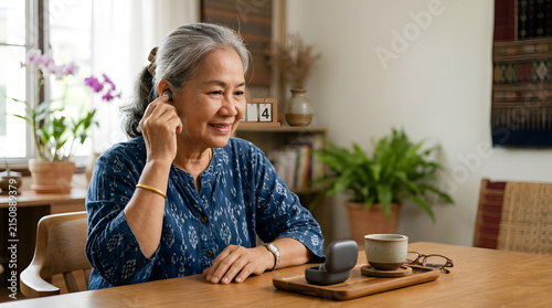 Senior woman testing an unbranded wireless earbud before a virtual
