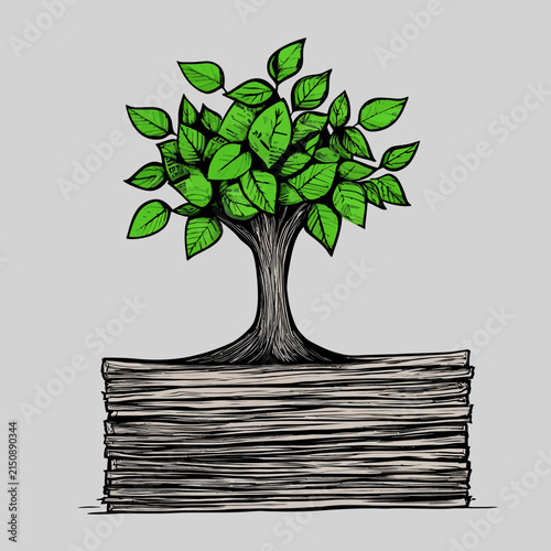 Tree growing from a stack of books illustrating knowledge