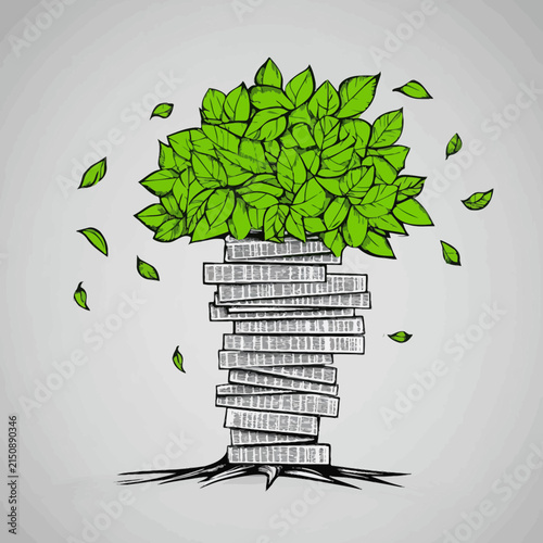 Tree of knowledge growing from stack of books illustration