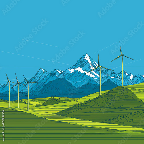 Wind farm with turbines on green hills near mountains