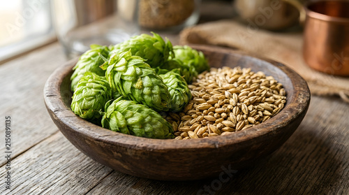 Fresh green beer hops and malted barley grains in a rustic wooden bowl for brewing