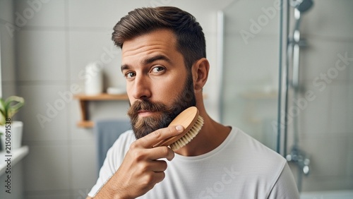 Handsome Man Brushing His Beard with a Wooden Brush in Modern Bathroom Male Grooming and Self Care Routine