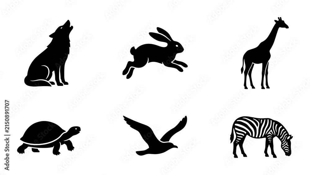 Fototapeta premium Diverse Animal Silhouettes Collection, Wildlife Icons Set, Mammal and Bird Vector Graphics, Nature Elements for Design