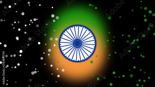 Indian flag ashoka chakra symbol with glowing orange green and white bokeh lights background for independence day and republic day celebration graphic design