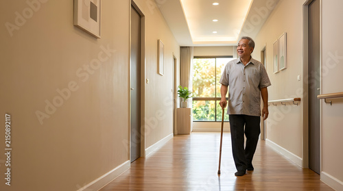 Older man checking bright hallway lighting and a clear walking path