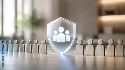 Human resources protection concept showing a glowing glass shield defending a team of wooden figures in a modern workplace