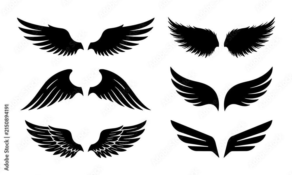 Fototapeta premium Set of Six Black Angel Wings Vector Icons, Diverse Styles for Graphic Design Projects, Fantasy and Mythology Elements