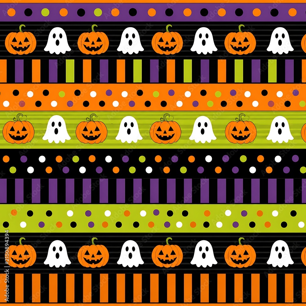 Naklejka premium Halloween (Helloween) Pattern Seamless background with cute pumpkins, ghosts, stripes, and polka dots