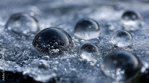 Close up of water droplets and air bubbles frozen under a transparent icy surface with shallow depth of field