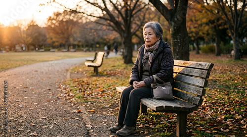 Elderly Asian Woman Sitting Alone in Park