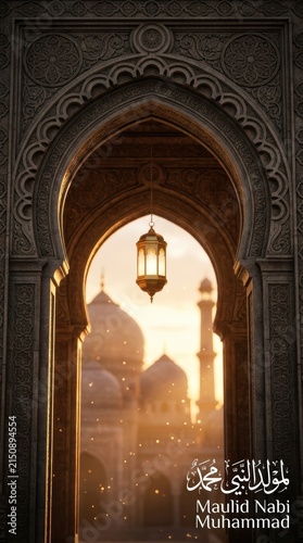 Islamic maulid nabi muhammad greeting card with mosque archway and hanging lantern